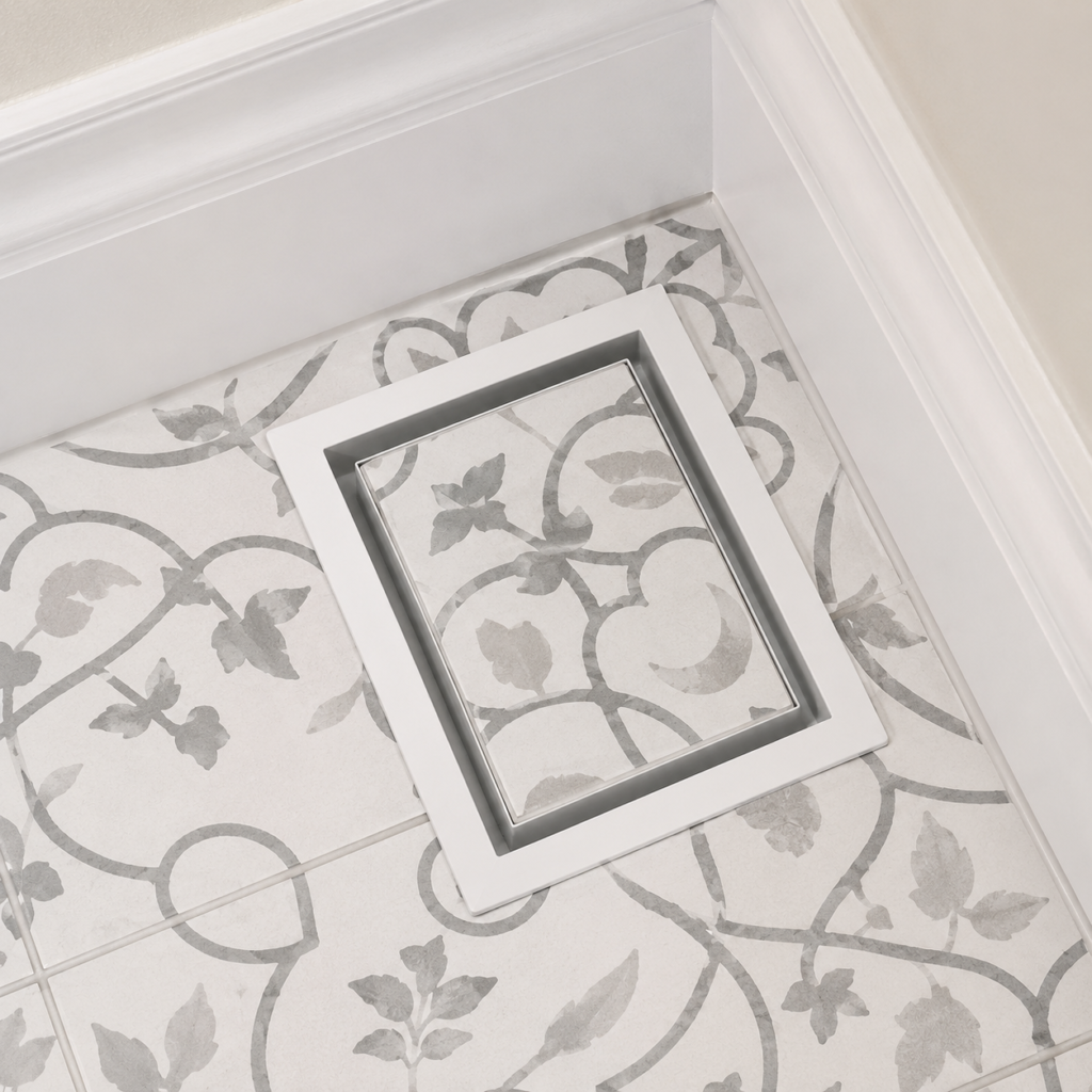 Sandtex White floor-matching vent cover in patterned tile