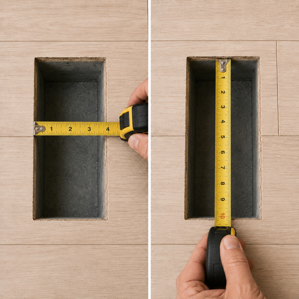 Tape measure showing the inside width and length of a rectangular floor duct opening