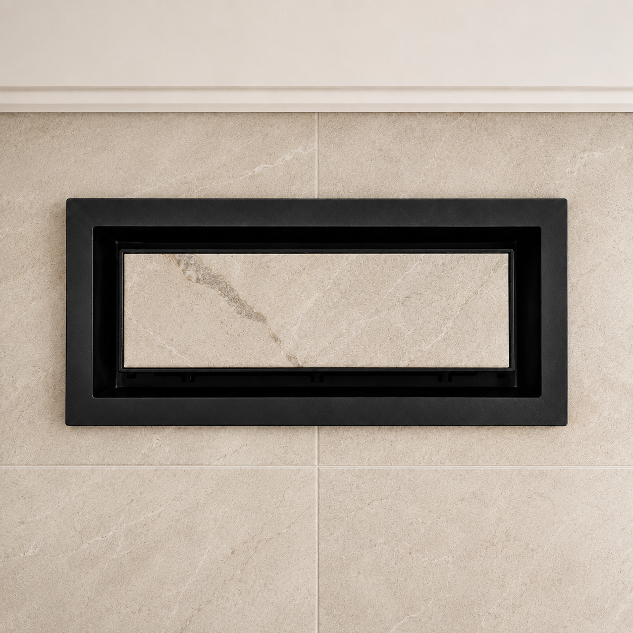 Black 4x10 floor-matching vent cover installed in beige tile flooring