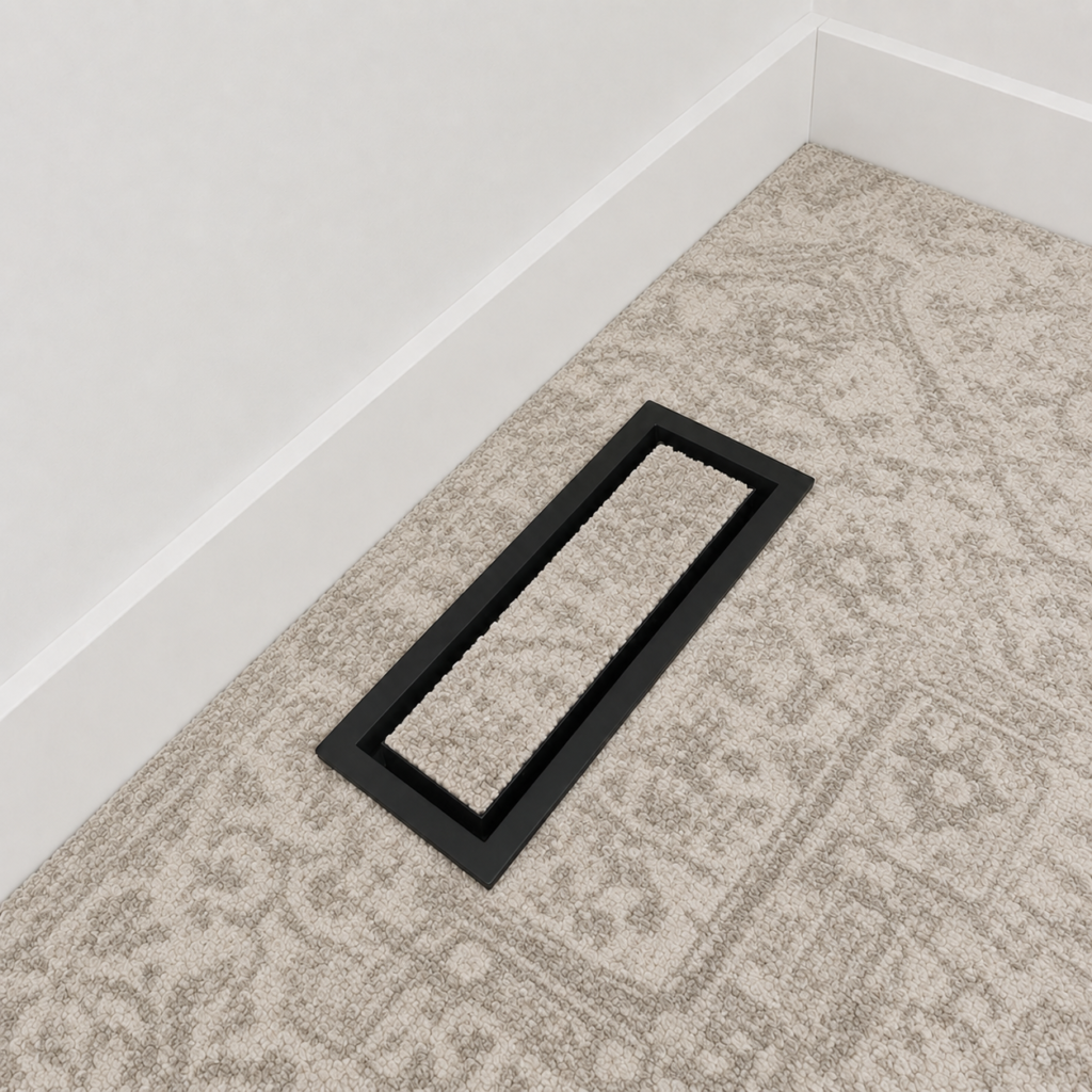 Floor-matching vent cover installed with carpet