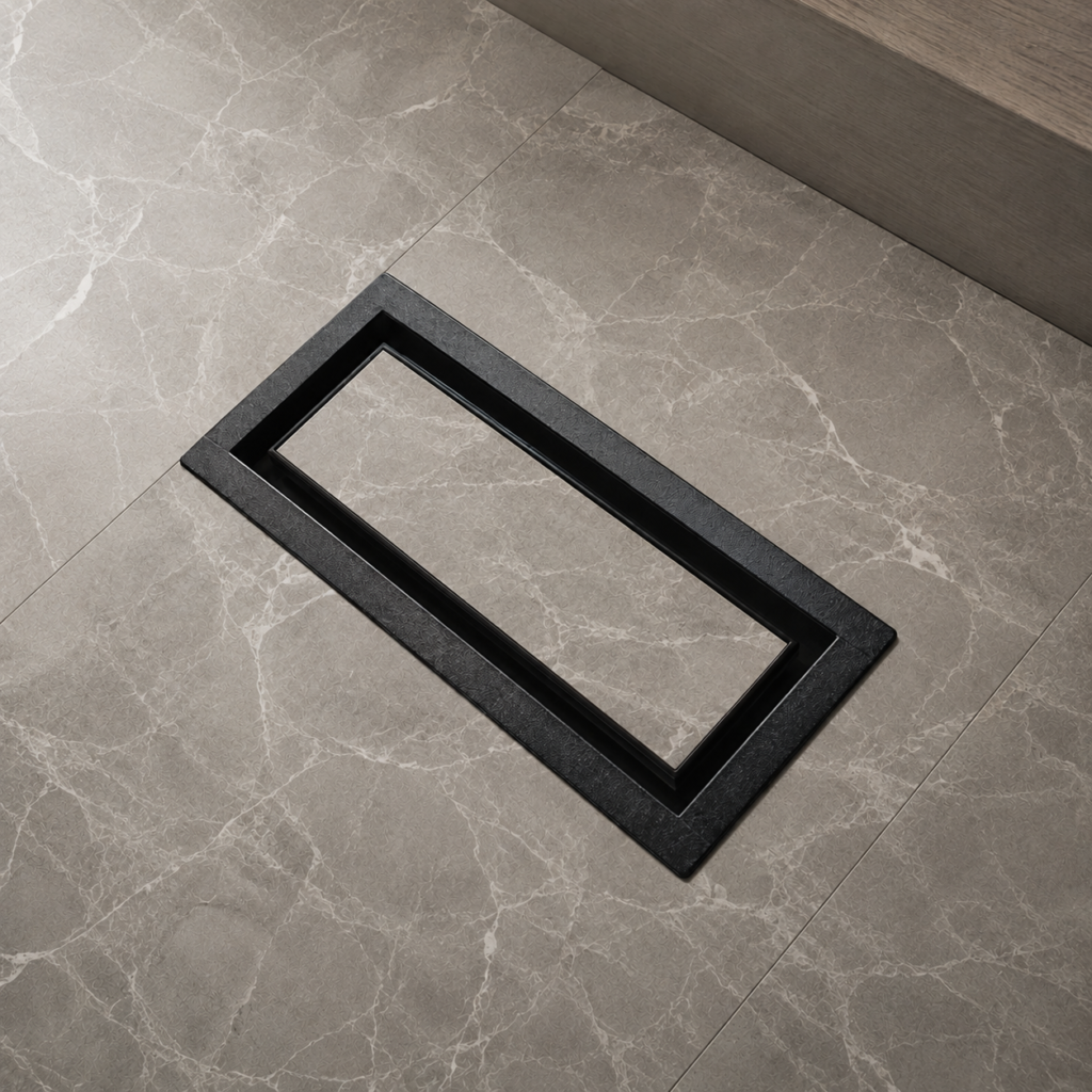 Black floor-matching vent cover installed in marble-look tile