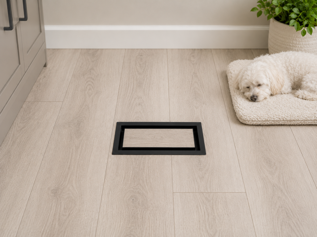 Black floor-matching vent cover installed in light wood flooring in a modern Canadian home
